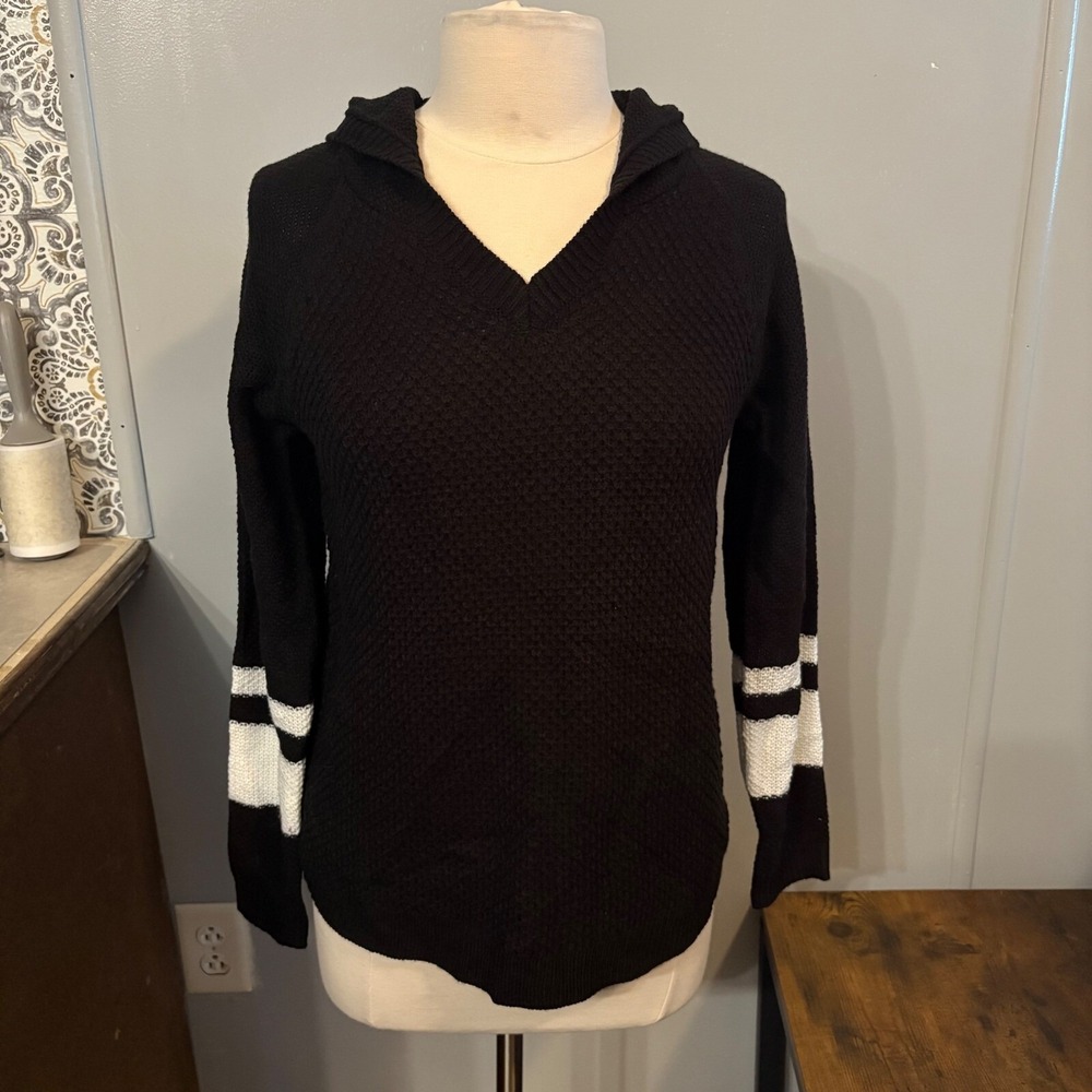 NWT SO Black White Stripe V-neck Hooded Sweater Pullover (Junior's Large)